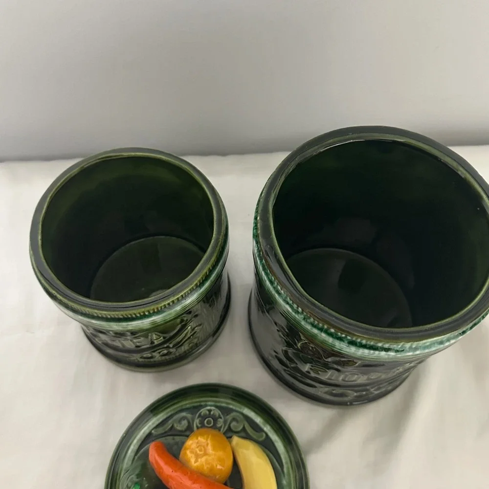 Vintage Fruit Lid Ceramic Canister Avacado Green Tea Flour Jars Good Retro MCM